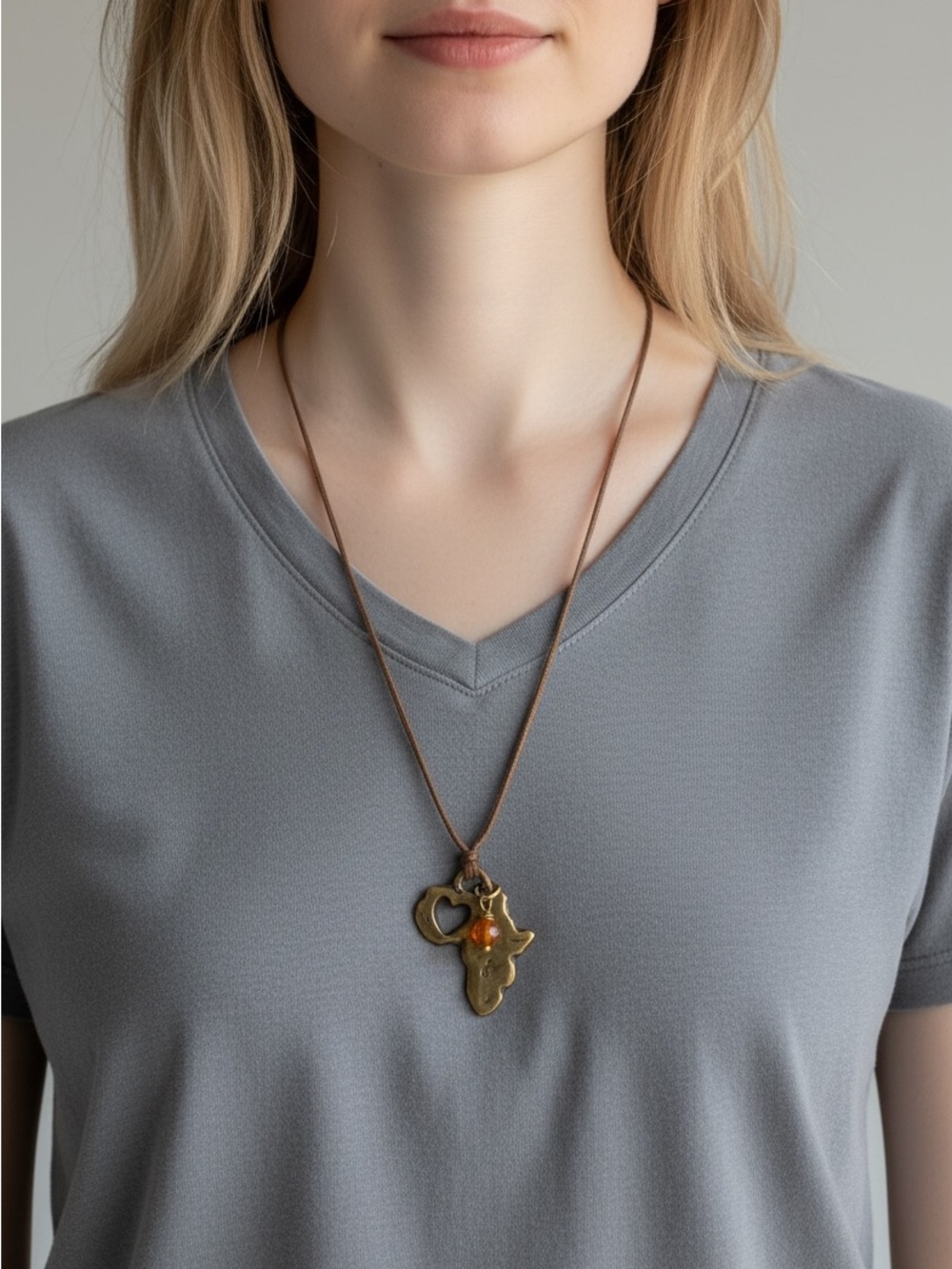 10/23 Bronze Africa Pendant Necklace with Leather Cord - Amber Accent